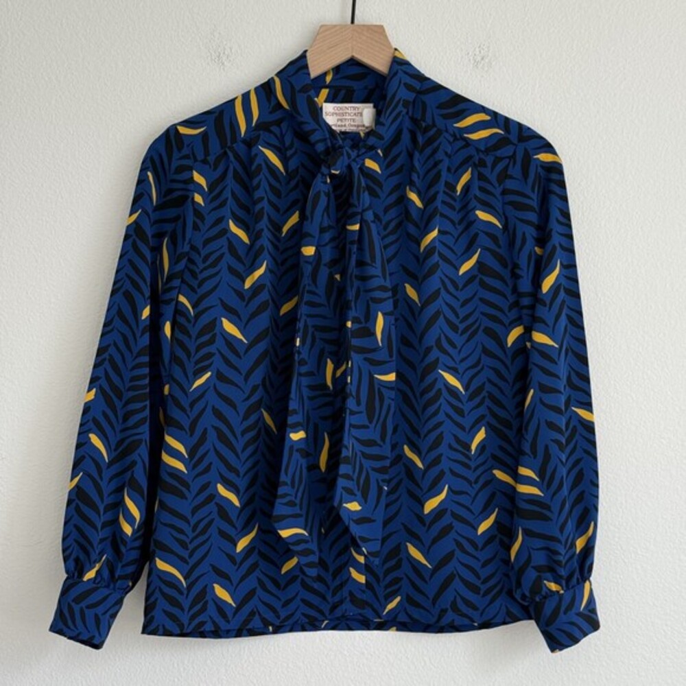 Vintage Country Sophisticates Pendleton Tie Neck Blouse PS Blue Abstract 1980s